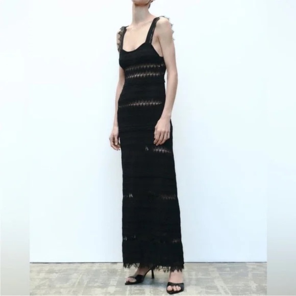 Zara Crochet Knit Lace Strap Black Dress